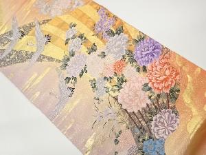 リサイクル　九百錦純金箔扇に鶴・花々模様織出し袋帯